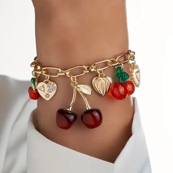 Gold Cherry Alloy  Charm Bracelet and earrings - Picture 1 of 13